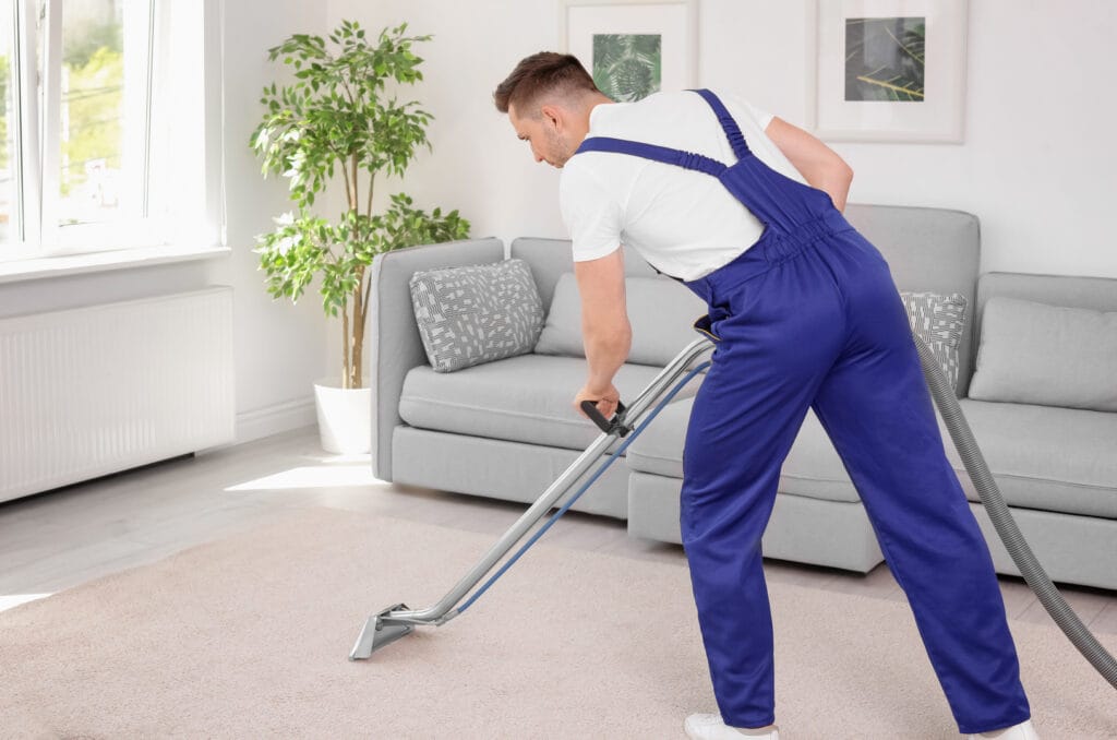 A person in blue overalls is expertly using a carpet cleaning machine, showcasing their skills as professional rug cleaners, in a bright living room with a gray sofa and a potted plant.