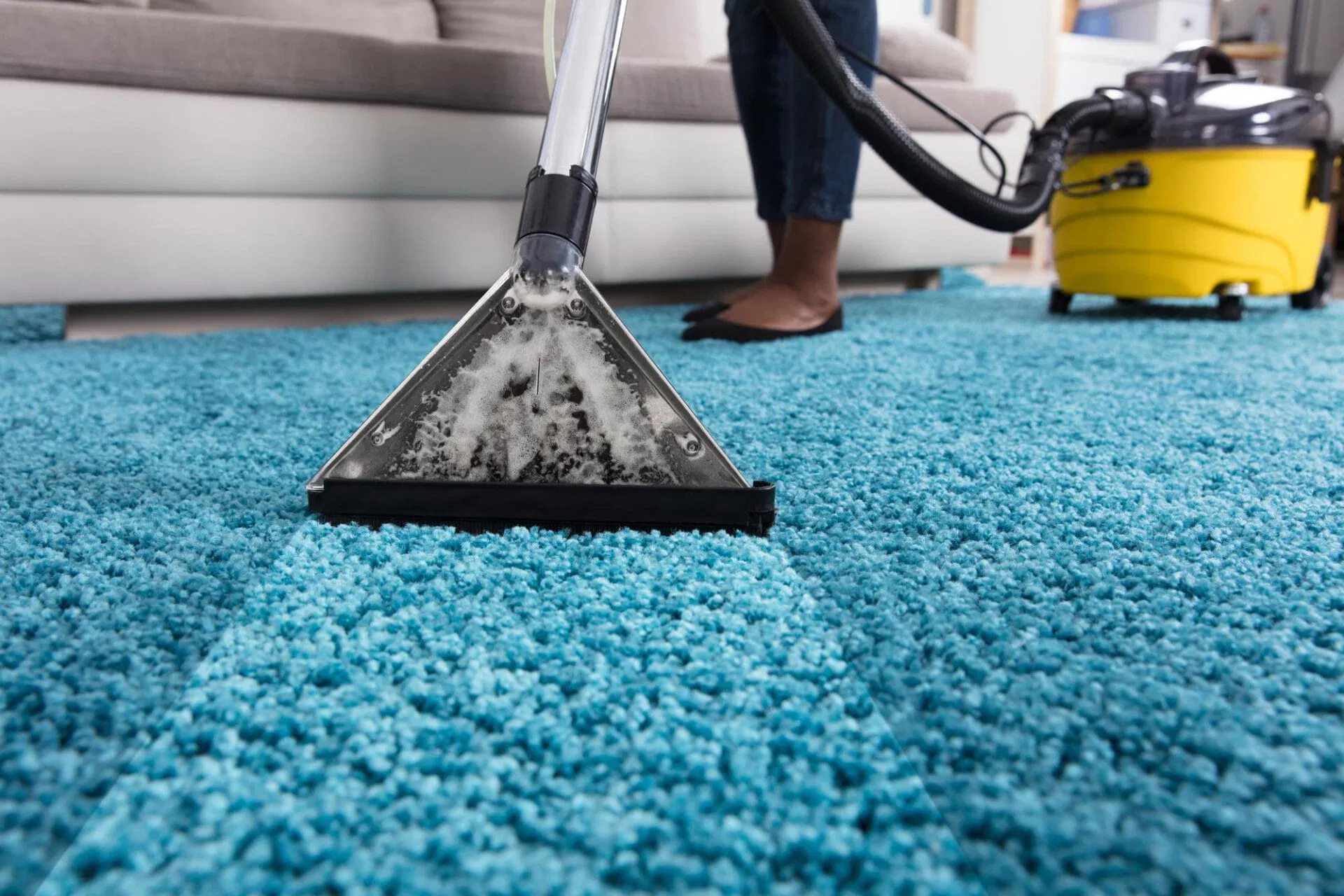 A person uses a carpet cleaning machine to clean a blue carpet in a living room, showcasing effective carpet cleaning in the home. A yellow vacuum unit is visible in the background.