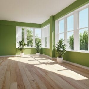Bright room with green walls, large windows, light wood floor, and potted plants by the windows—perfect for Fiber Care Solutions to keep your floors spotless.