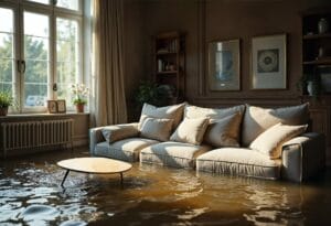 A flooded living room with a sofa and coffee table partially submerged in water, ideal for showcasing Fiber Care Solutions and professional Carpet Cleaning Services.