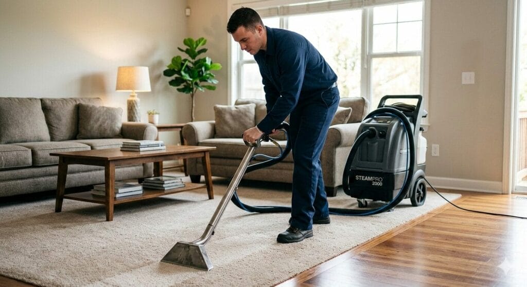Professional carpet cleaning technician using industrial equipment for deep carpet clean in Rohnert Park home